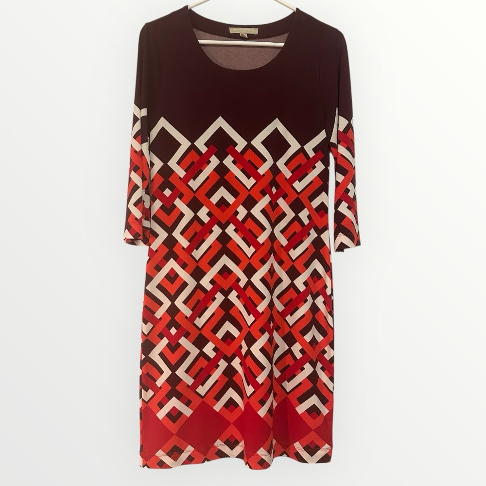 Banana Republic Red Geometric Print 3/4 Sleeve Midi Dress